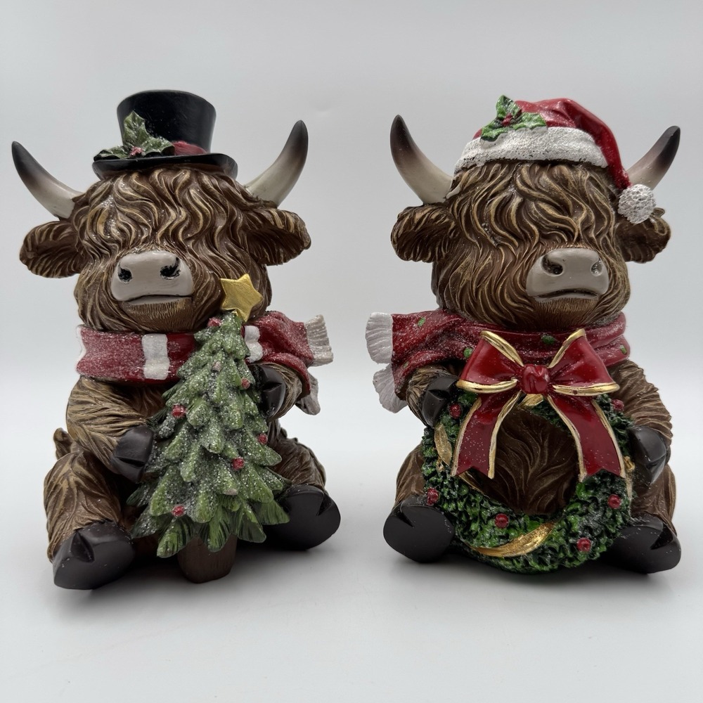 Hobby Lobby Highland Cow Christmas Figurines Tree Wreath Set of 2 NEW